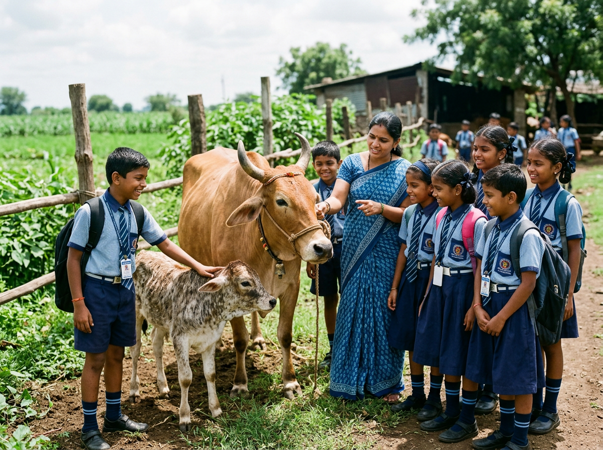 School children learning about a cow calf