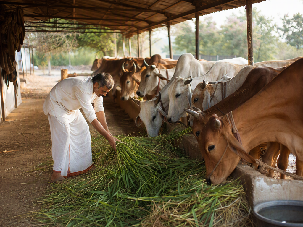 Caretaker feeding indigenous cows at the trust's gaushala