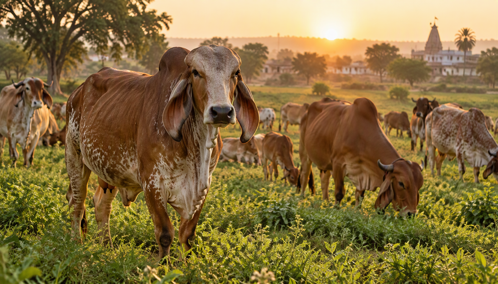 Herd of indigenous Indian cows grazing at golden hour