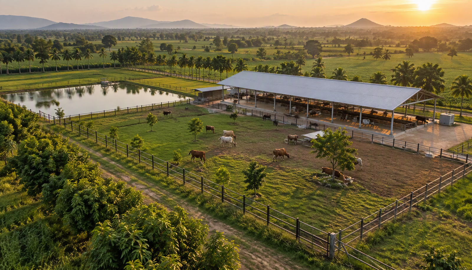 Green farmland with a new cow shelter