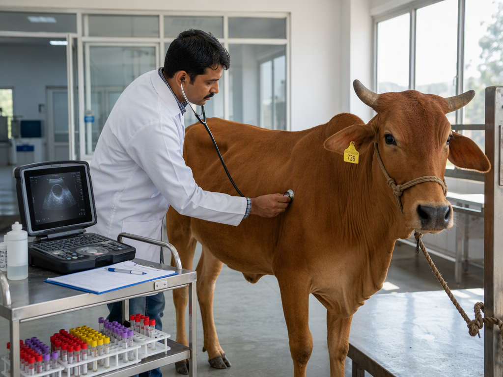 Veterinary scientist examining an indigenous cow